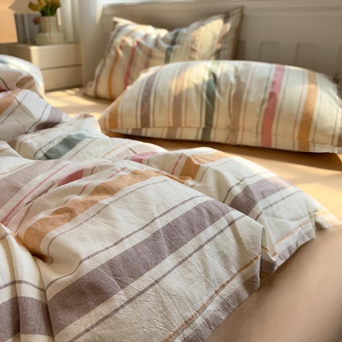 mixinni Vintage Striped Duvet Cover Set King, 3-Piece 100% Washed Cotton Bedding Set - Soft & Breathable Colorful Comforter Cover with Zipper, All-Season Lightweight Bed Set for Cozy Home