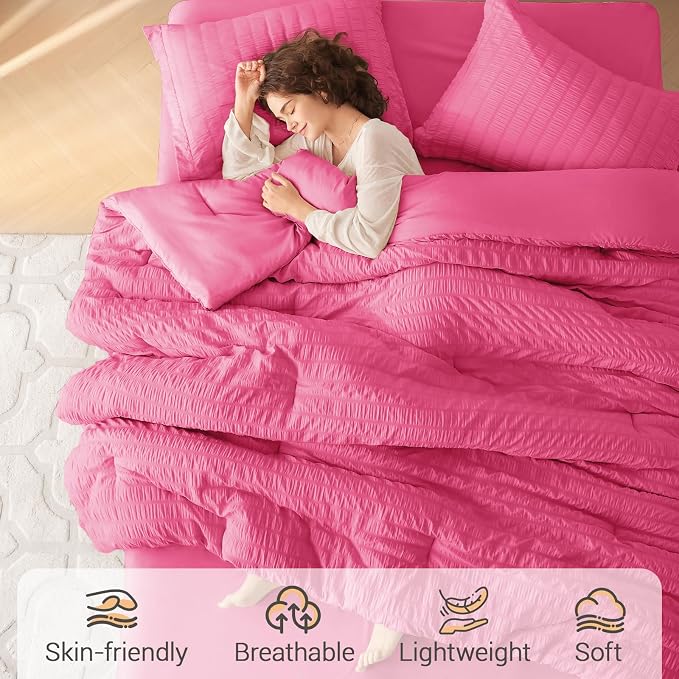 7 Pieces King Comforter Set, Seersucker Bed in a Bag King Size, All Season Luxury Bedding Set with Comforter, Flat Sheet, Fitted Sheet, Pillowcases & Shams, Hot Pink