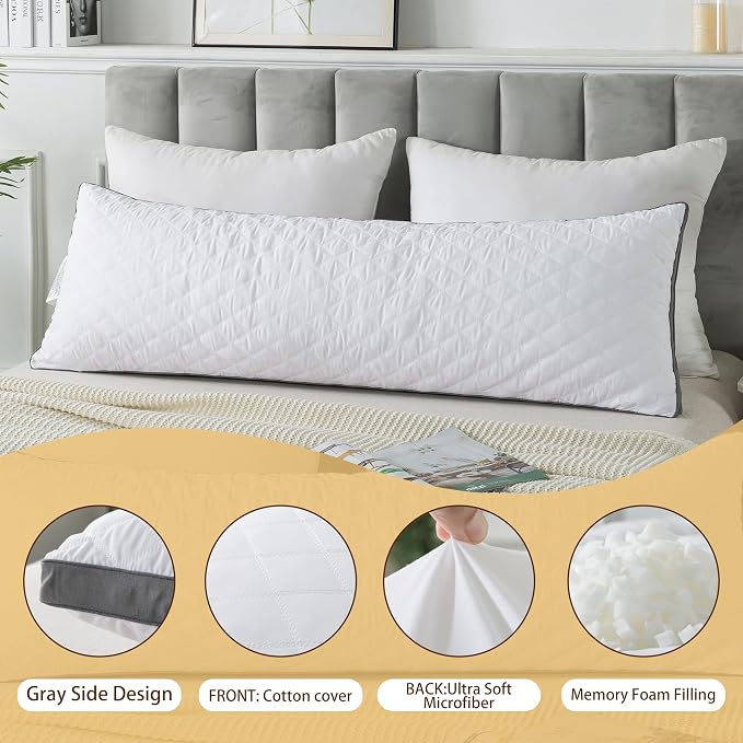 WhatsBedding Memory Foam Body Pillow with Cover, Long Bed Pillow for Adults | Breathable Removable Pillowcase, Skin-friendly, Medium-firm for Side Sleepers, Large Size Fits All
