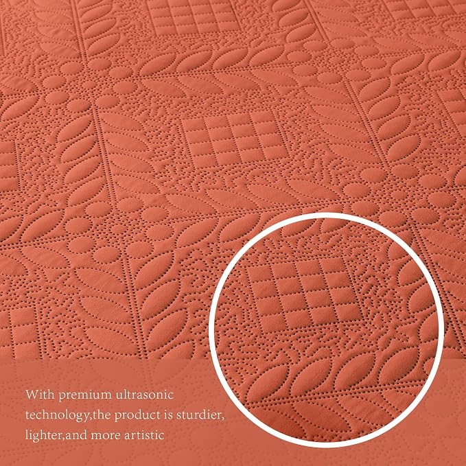 FLYMME Full Queen Quilt Bedding Set,Lightweight Burnt Orange Bedspreads,Vintage Olive Leaf Design,Ultra Soft Microfiber Bed Coverlet 3 Pieces for All-Season (1 Quilt,2 Shams)