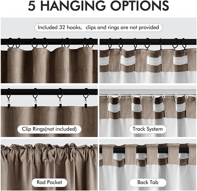 MIULEE 100% Blackout Back Tab Pleat Linen Curtains 50" Wx120 L,Dutch Cocoa | 2 Panels,Thick Faux Linen,Textured Drapes,with Hooks,for Bedroom Living Room,Black Out,Room Darkening