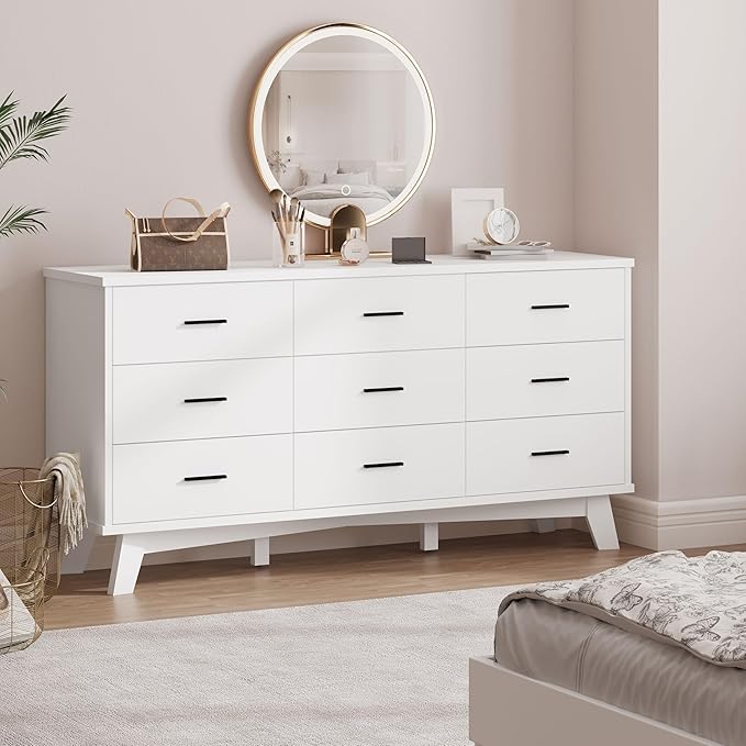 Xixini Dresser for Bedroom, 9 Drawer Wide Modern Chest of Drawers with X-Shaped Sturdy Base, Wood Double Dresser Closet Clothes Storage Organizer, Wooden TV Stand for Living Room, Hallway, White