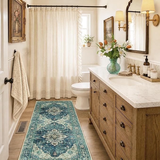 RELEANY Washable Area Rug, Runner 2'x6', Blue/Vintage Dark Blue | Non-Slip, Water Repellent, Pet Friendly, Easy to Clean, Vintage Floral Boho Decor for Kitchen Entry Bedroom Bedside Laundry