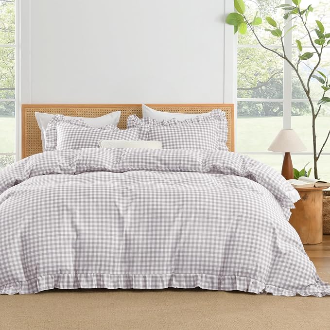 Andency Light Grey Gingham Duvet Cover Queen, Ruffle Chic Bedding Set 3 Pcs | Farmhouse Soft Pre-Washed Polyester Comforter Cover with Zipper Closure & Corner Ties, 90x90Inch