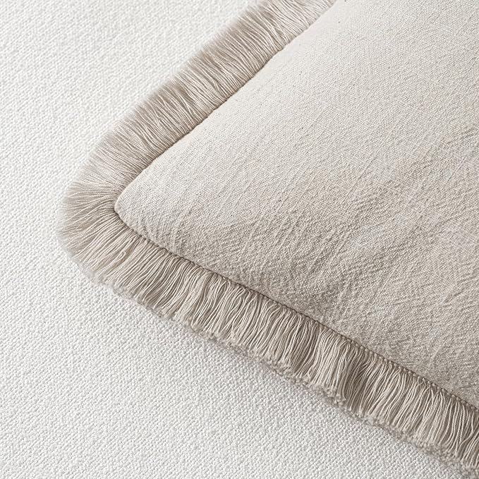 MIULEE Linen Decorative Euro Throw Pillow Covers Natural Beige 28x28 | Set of 2, Cottagecore Decor, Boho Farmhouse Neutral Pillow Covers, Rustic Fringe Couch Cushions for Sofa Bed Living Room