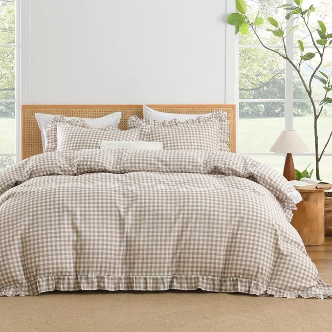 Andency Tan Gingham Duvet Cover Full, Ruffle Shabby Chic Bedding Set 3 Pcs | Farmhouse Soft Pre-Washed Polyester Comforter Cover with Zipper Closure & Corner Ties, 79x90Inch