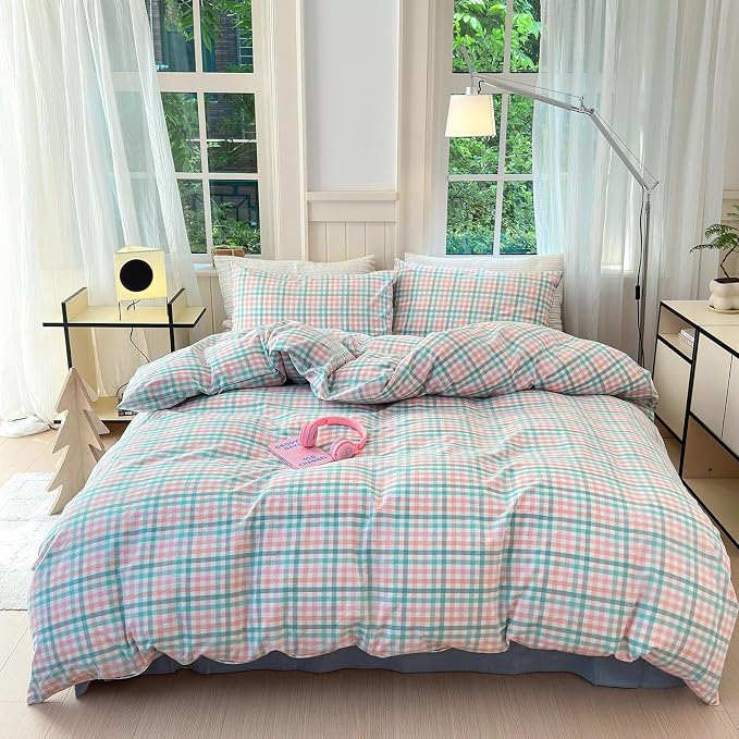 LifeTB Queen Comforter Set Multi-Colored Gingham Comforter Modern Style Checkered Pattern Comforter Set Colorful Grid Plaid Bedding Comforter Fluffy Soft Lightweight Grid Bedding Set Breathable