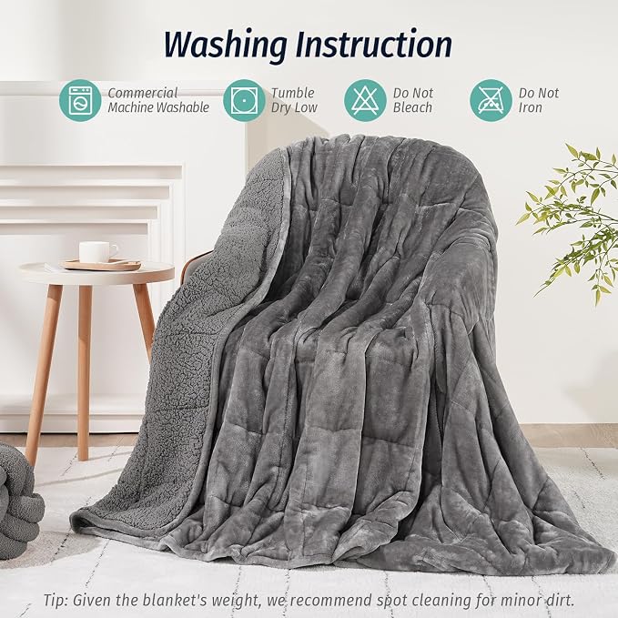 Sherpa Fleece Weighted Blanket for Adult 15 lbs Twin 48"x72" Grey | Better Sleep, Relax Body & Mind, Dual Sided Soft Fuzzy Heavy Throw Blankets, Plush Flannel Top, Chunky Fluffy, Warm Hug