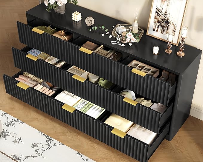 Fluted Dresser for Bedroom with 9 Drawers, 63" Wide Modern Chest of Drawers with Metal Handle & Curved Profile Design, Wood Closet Clothes Storage Organizer for Living Room, Hallway, Black