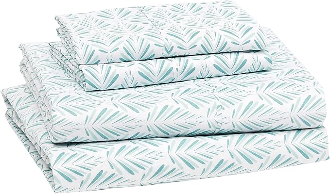 Amazon Basics Lightweight Super Soft Breathable Wrinkle-Free Microfiber 4-Piece Bed Sheet Set with 14" Deep Pockets, King, Aqua Fern, Printed