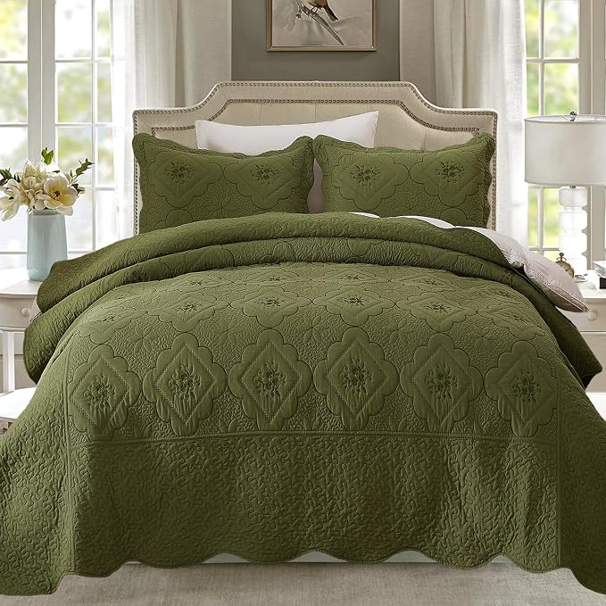 Cmfshape Floral Embroidery Quilt Set,3 Pieces Queen Quilt Bedding Set,Classic Diamond Pattern Quilts,Ultra Soft Lightweight Reversible Bedspread Coverlets for All Season(Olive Green,90"x90")