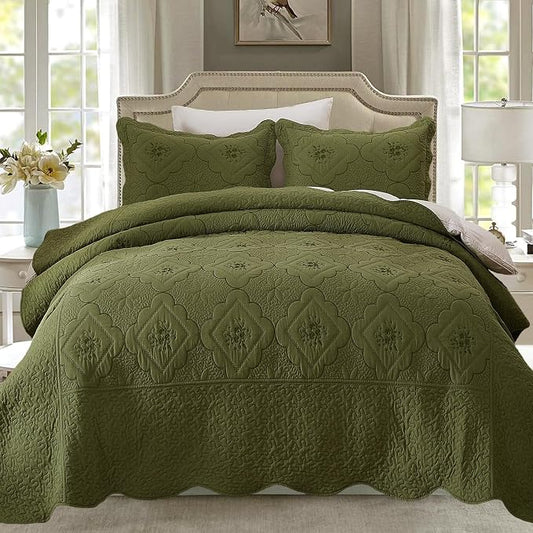 Cmfshape Floral Embroidery Quilt Set,3 Pieces Queen Quilt Bedding Set,Classic Diamond Pattern Quilts,Ultra Soft Lightweight Reversible Bedspread Coverlets for All Season(Olive Green,90"x90")