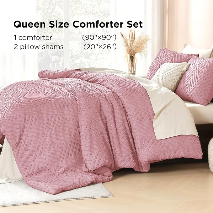 Litanika Queen Size Comforter Set, 3 Pieces Tufted Boho Bedding Set | Grayish Pink Farmhouse Shabby Chic Vintage Bohemian Textured Aesthetic Soft Fluffy Lightweight Breathable All Season Bed Set