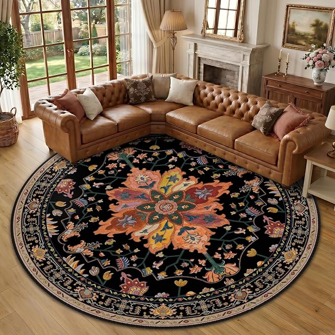 RELEANY Washable Area Rug, Round 10ft, Black/Colorful | Non-Slip, Water Repellent, Pet Friendly, Easy to Clean, Vintage Floral Boho Decor for Living Room Bedroom Dining Room