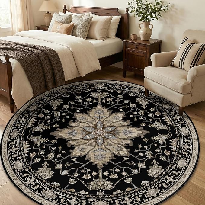 RELEANY Washable Area Rug, Round 6ft, Black/Neutral | Non-Slip, Water Repellent, Pet Friendly, Easy to Clean, Vintage Floral Boho Decor for Living Room Bedroom Dining Room