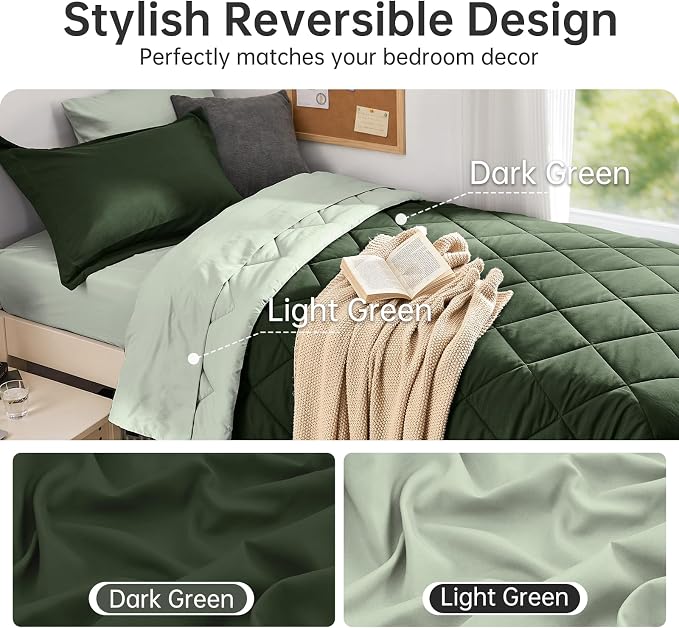 5 Pieces Twin XL Comforter Set, Reversible Bed in a Bag Twin XL Size, All Season Bedding Set with Comforter, Flat Sheet, Fitted Sheet, Pillowcases & Shams, Dark Green & Light Green