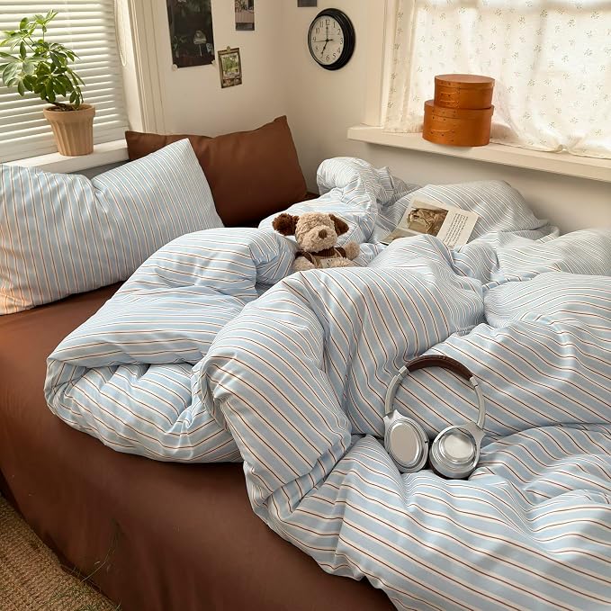 mixinni Vintage Striped Twin XL Duvet Cover Set, Washed Microfiber Coastal Bedding, Light Blue Brown Vertical Stripe Comforter Cover with Zipper & Corner Ties, (1 Duvet Cover + 2 Pillowcases)