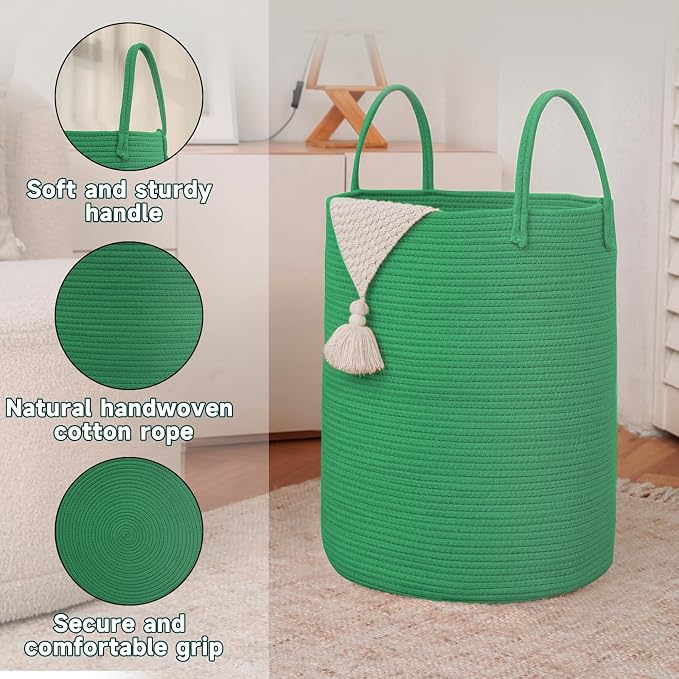 JMvicyroam 60L Cotton Rope Laundry Basket Hamper, Dark Green | Collapsible laundry basket, reinforced handles, freestanding, machine washable, holds 3-5 thick blankets, clothes or toys