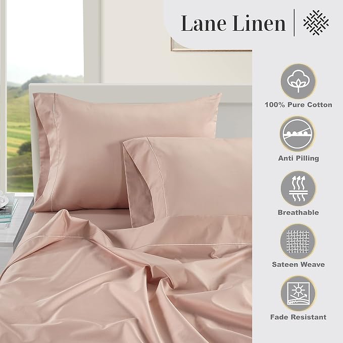 LANE LINEN Luxury 100% Egyptian Cotton Bed Sheets Twin Size, Fully Elasticized Reinforced 16 Inch Extra Deep Pocket Twin Sheets, Soft & Comfy Sateen Weave for Silky Finish-Vintage Petal