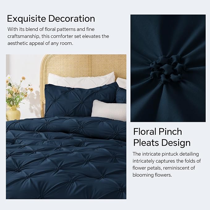 BEDELITE Queen Comforter Set Navy,Lightweight & Soft Comforter | Pintuck Boho Bedding, Warm & Cute Bed Set for All Season,With 2 Pillowcases