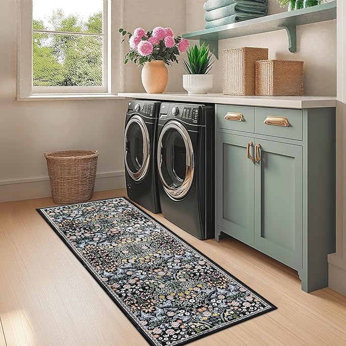 PLHXFR 2x6 Washable Runner Rug：Floral Indoor Kitchen Carpet Dark Black | For Hallway Bedroom Kitchen Laundry Bathroom Dorm,Vintage Floral,Machine washable,Non Slip,Stain Resistant,Indoor Floor