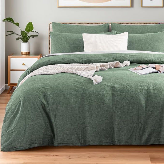 NEXHOME PRO Duvet Cover Twin 100% Washed Cotton, Organic Natural Linen Like Textured, Breathable, Durable, Home Bedding Set, Heathered Green 6890