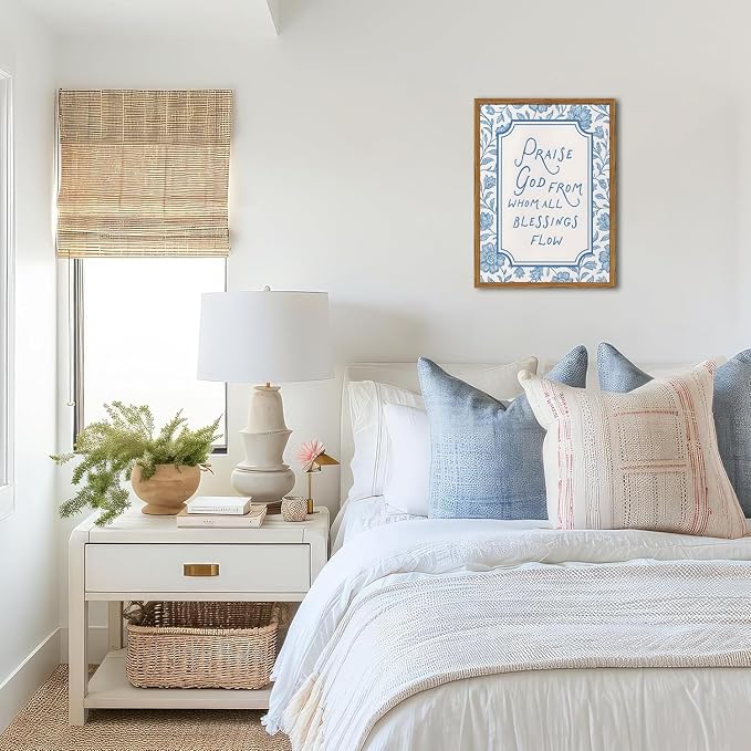 Framed Christian Wall Art, Bible Verse Praise God From Whom All Blessings Flow Pictures Wall Decor, Blue Floral Scripture Paintings Canvas Prints Religious Home Decor for Prayer Living Room 12x16 inch