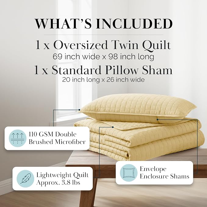 Southshore Fine Living, Inc. Twin Quilt Bedding Set, Soft Brushed Microfiber Coverlet, Stain & Pet Hair Resistant Bedding, Twin/Twin XL Quilt Bedspread Set with Matching Pillow Sham, Gold