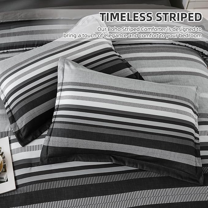 Dobuyly Grey Comforter Set King Size 7 Piece, Boho Striped Bed in a Bag King Soft Microfiber Dark Gray Bedding Sets with Comforter, Sheets, Pillowcases & Shams All Season