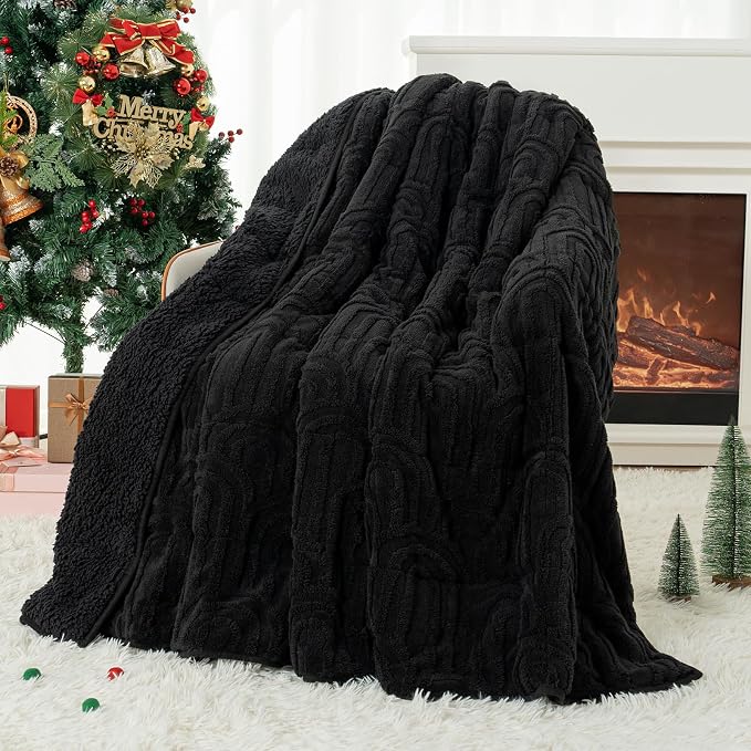 Cottonblue Jacquard Weighted Blanket for Adults Queen Size 12 lbs 60"x80" | Soft Sherpa Fleece Weighted Blankets Throw for Sleep Calm Relax, Fuzzy Warm Black Arch Heavy Blanket for Bed Sofa, Washable