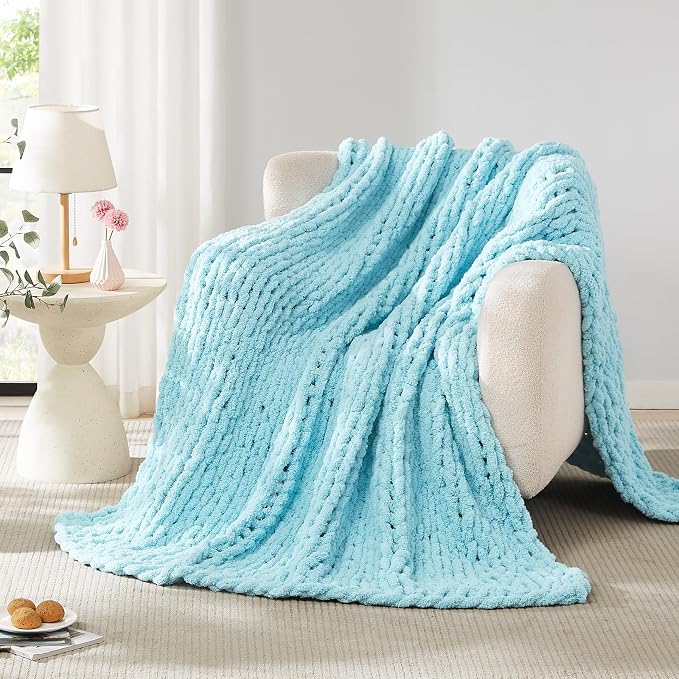 L'AGRATY Chunky Knit Throw Blanket for Couch, 72 x 84 Inches, Light Blue | Handmade Chenille Crochet Blanket for Sofa Bed, Thick Cable Knitted Blankets for Room Home Decor, Birthday Gift for Women Mom