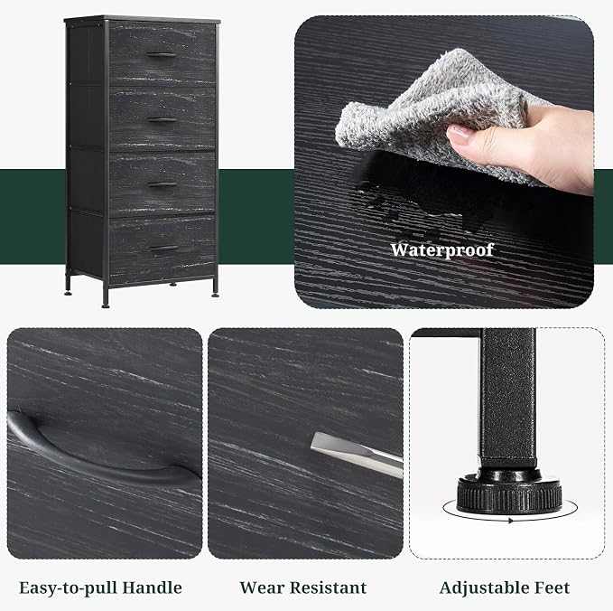 4 Drawers Dresser for Bedroom Fabric Storage Tower with Wooden Top | Steel Frame Tall Chest of Drawers for Closet, Entryway, Dorm, Charcoal Black