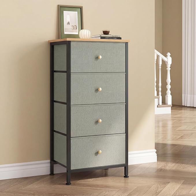 DUMOS Nightstand with 4 Drawers, Bedside Table with Removable Fabric Bins, Sturdy Steel Frame Wood Top Organizer Furniture for Bedroom Closet Living Room, Ink Green