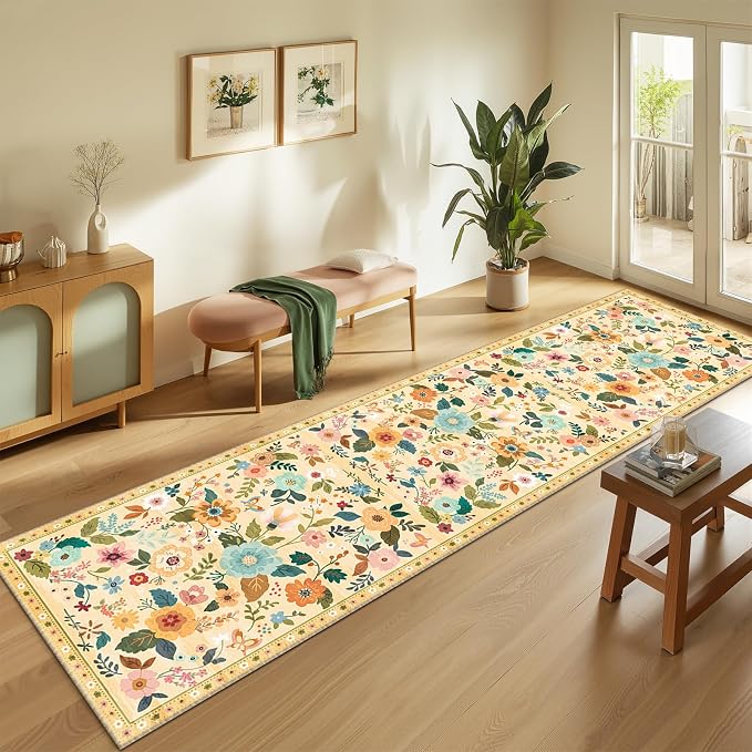Floral Washable 2x10 Area Rugs Runner Entryway Hallway Yellow/Orange | Flower Carpet, Print, Boho, Non-Slip, Easy to Clean, Low Pile, Soft, for Living Room Bedroom Kitchen Office Entrance