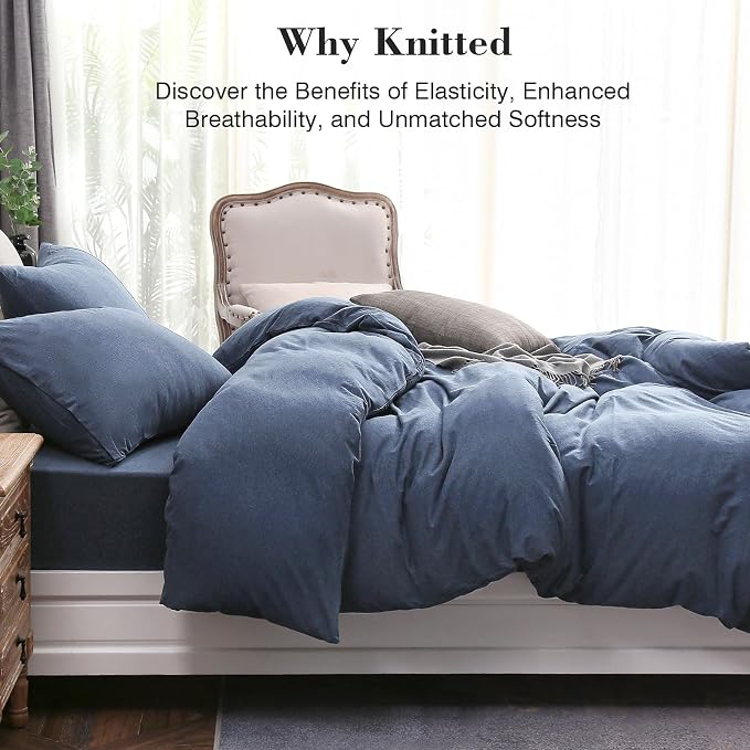 PURE ERA Jersey Knit Sheet Set Heather Navy Blue Queen | 100% Cotton, 3 Piece Set, T Shirt Soft, Breathable, Envelope Closure Pillowcases, Hidden Zipper, 8 Ties, No Insert, Modern
