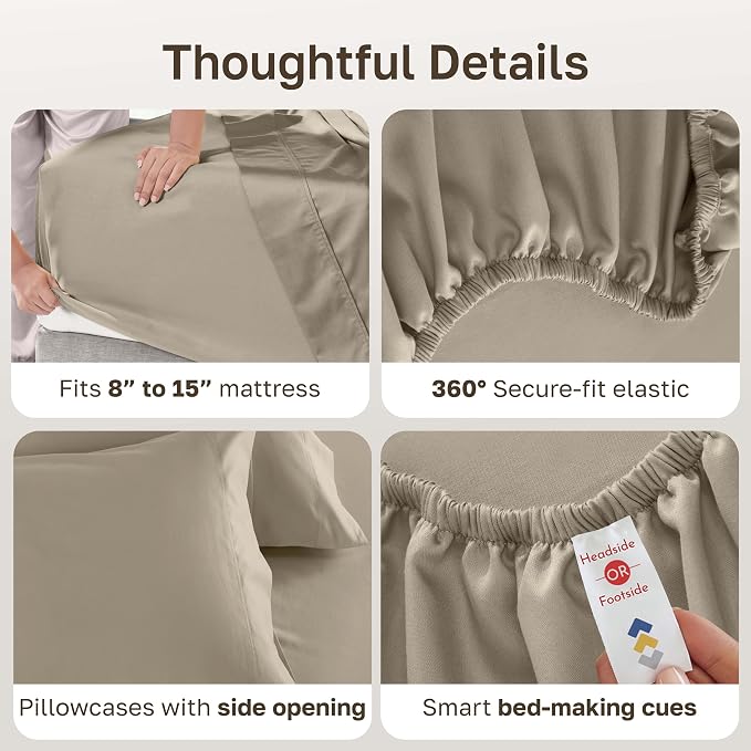 California Design Den 600 Thread Count Split King Sheets, 5 Pcs, Cool Taupe | 100% Cotton Sateen, Good Housekeeping Seal, Split King Sheets Sets for Adjustable Bed with 2 Separate Twin-XL Mattresses