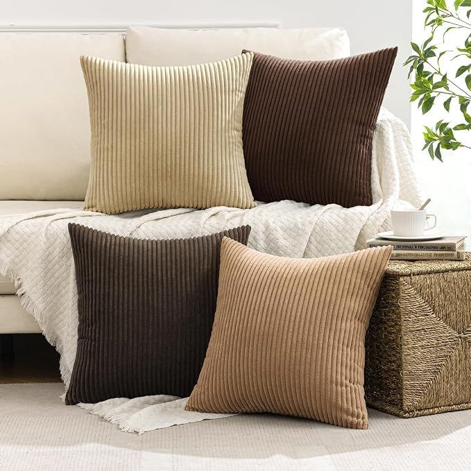 MIULEE Fall Corduroy Decorative Throw Pillow Covers Dark Brown 20x20 | Set of 4, Mordern Rustic Fall Decor, Rich Deep Brown Palette, Boho Farmhouse Cushion Covers for Couch Bed Sofa Living Room