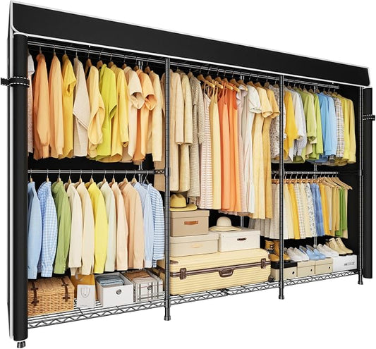 ULIFHOME E14C Max Heavy Duty Closet Organizer System，Freestanding Clothing Racks for Hanging Clothes，Adjustable Garment Rack 86" W × 16" D × 77" H Hold 1060 lbs，Black Rack with Black Cover