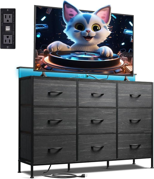 WLIVE Bedroom Dresser TV Stand 9 Drawers, Fabric Chest LED Lights, Charcoal | Black 9-drawer dresser TV stand fits 55in TV with wood top and charging station, fabric dresser for kids bedroom