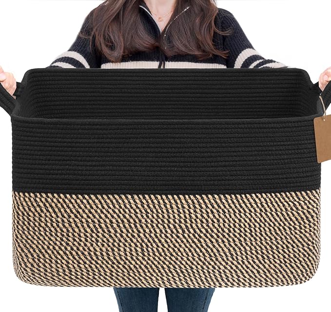 Goodpick 75L Extra Large Woven Blanket Basket, Rectangle, Black & Jute | 22" × 17" × 12" Decorative Wicker Storage Basket for Pillows, Toys & Clothes, Fits Living Room & Nursery Organization