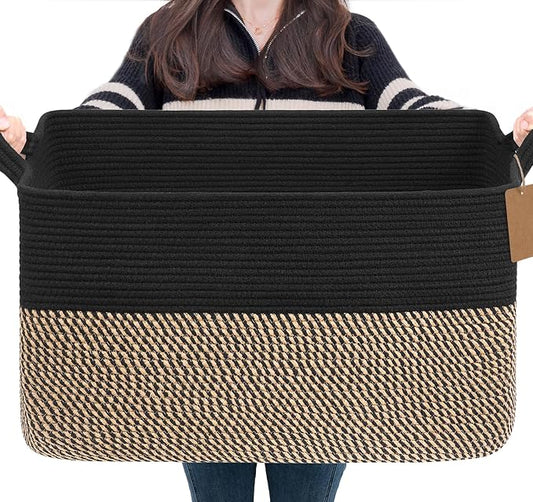Goodpick 75L Extra Large Woven Blanket Basket, Rectangle, Black & Jute | 22" × 17" × 12" Decorative Wicker Storage Basket for Pillows, Toys & Clothes, Fits Living Room & Nursery Organization