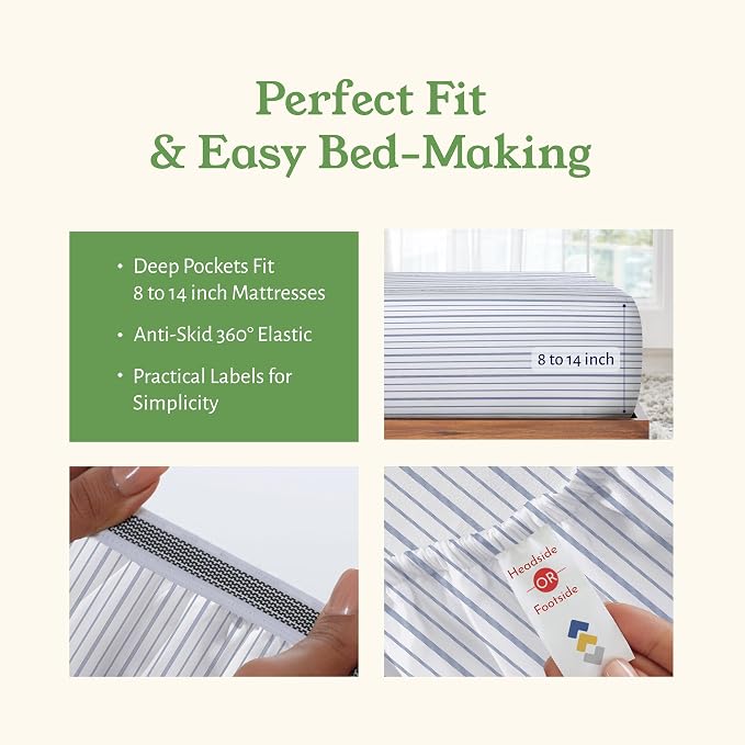 California Design Den 100% Organic Cotton Twin Size Bed Sheets Set, 3 Pc | GOTS Certified, Lightweight Crisp & Airy Percale For Hot Sleepers, All-around Elastic, Easy Care - Blue Stripe Print