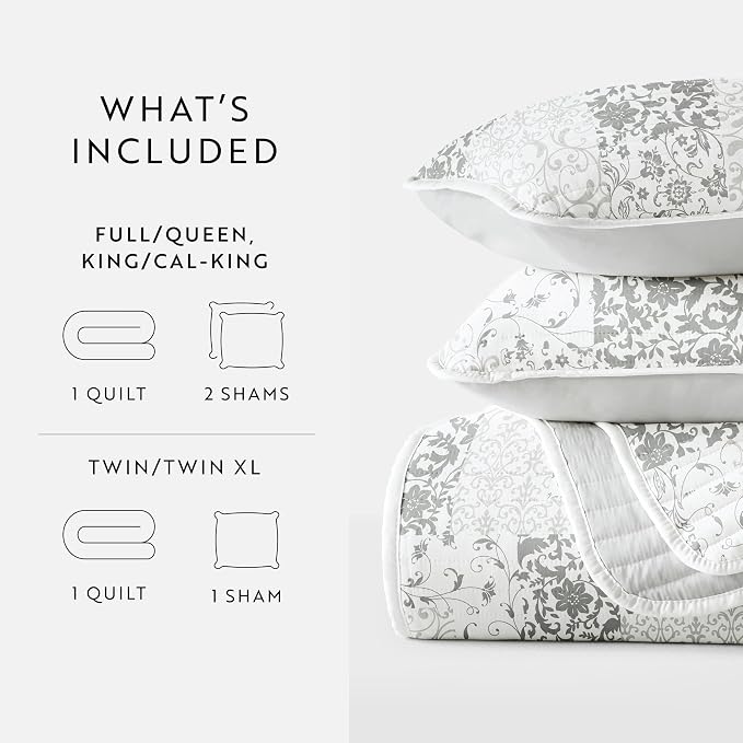 Merit Linens Soft Quilt Coverlet Bedding Set - Pattern/Solid Reversible - Twin/TwinXL Light Gray
