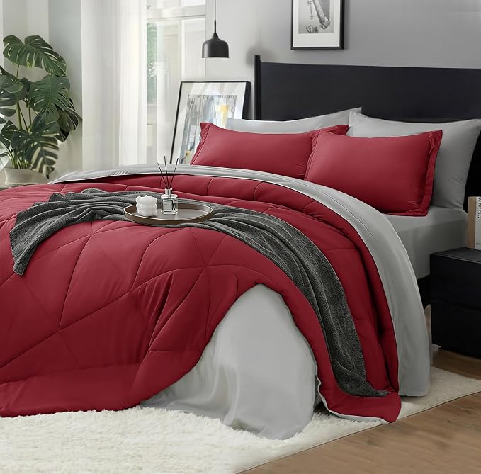 BEDELITE Twin Comforter Set 5 Pieces, Reversible Dark Red Bed in A Bag | Soft All Season Down-Alternative Comforter, Sheets, Pillowcases & Shams, OEKO-TEX Certified Bedding for Bedrrom, Guest Room