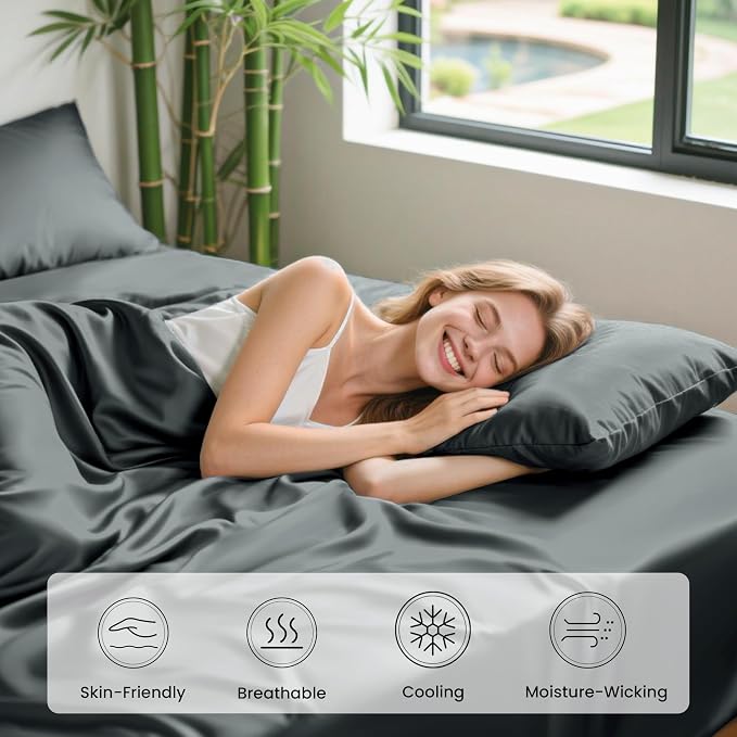 Love's cabin 4 Piece King Size Sheet Set, 100% Rayon Derived from Bamboo, Cooling & Breathable, Soft Silky Deep Pocket up to 16", Hotel Luxury Bedding for Hot Sleepers, Dark Grey