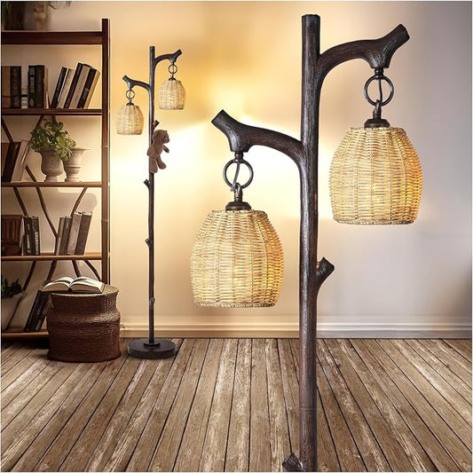 Scenekoy 68" Tall Floor Lamp with Wicker Drum Shade, Foot Switch Dimming | Tree Trunk Dark Finish, Resin Lamp Body, Farmhouse Rustic Standing Lamp with Bulb, Decor for Living Room Bedroom Reading Room