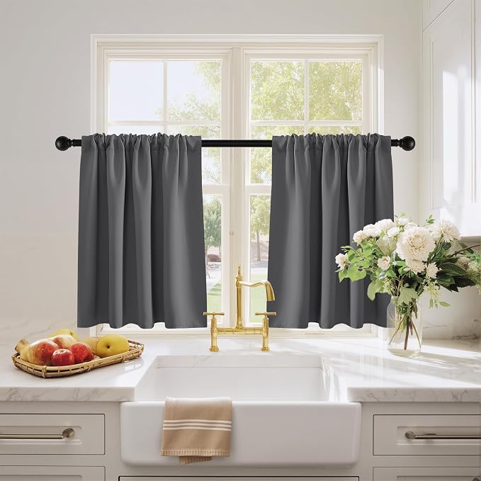 PONY DANCE Grey Short Window Curtains for Kitchen 36 inch Long, 2 Panels Set Half Window Drapes for Bedroom Basement, Blackout Small Curtains for Travel Trailers, Width 42 x Length 36 inches