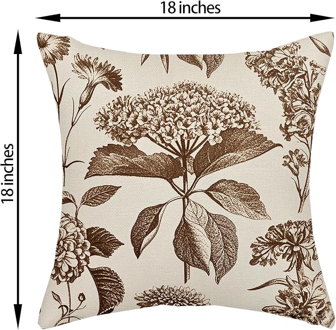 Brown Pillow Covers 18x18 Inch 2 Pcs Boho Vintage Floral Decor Throw Pillows Hydrangea Flower Seasonal Outdoor Farmhouse Neutral Accent Decoration Pillowcase Linen Cushion Cover for Couch