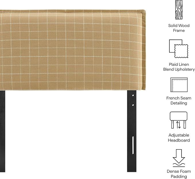 Modway Camille Twin Size Checkered Linen Blend Plaid Headboard with Removable Slipcover – in Denim Windowpane Check - Padded Pillow Style Headboard with Adjustable Mounting for Twin Beds