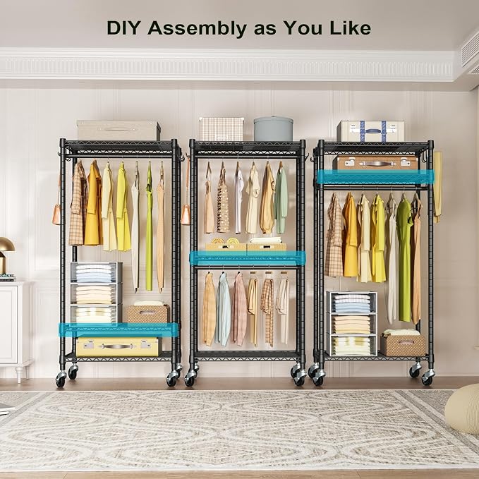 FUTASSI Rolling Clothes Rack, Clothing Racks for Hanging Clothes, Black | P3 Mini Heavy Duty Garment Rack with Wheels, Freestanding Portable Closet Racks 23.6'' W x 14'' D x 78.5'' H, Max Load 430Lbs